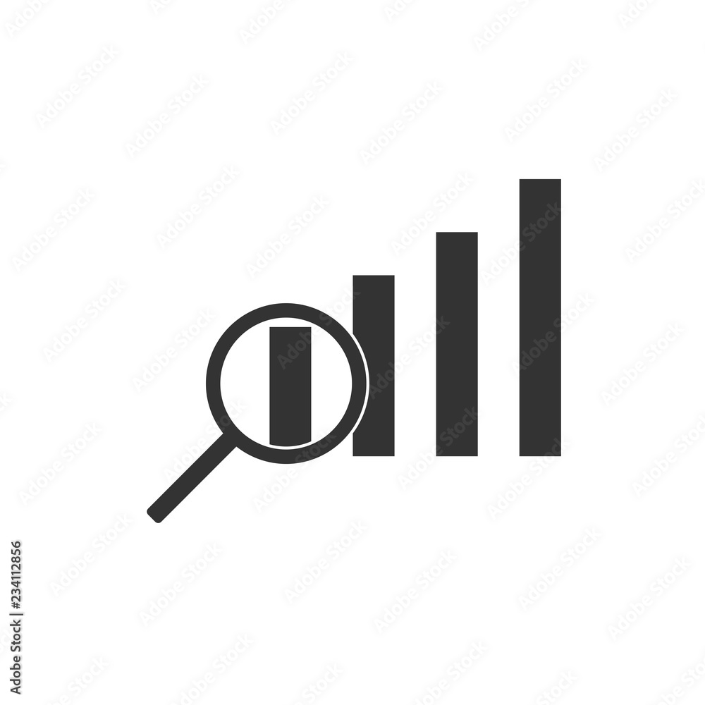 Magnifying glass, graph, chart icon. Vector illustration, flat design. Magnifying glass, graph, chart icon. Vector illustration, flat design.