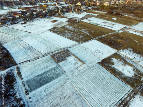 Aerial view of the countryside with the first snow (drone image). Near Kiev,Ukraine