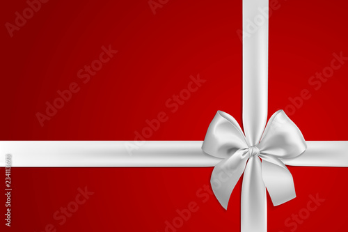 Realistic white bow and ribbon isolated on red background. Template for brochure or greeting card. Vector illustration.