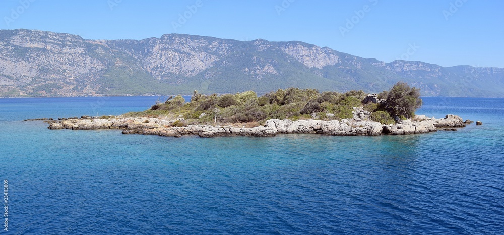  Island in the sea. Sea rocky shore. Sailing yachts at sea. Seascape. Ships at sea. Gokova. Marmaris. Turkey
