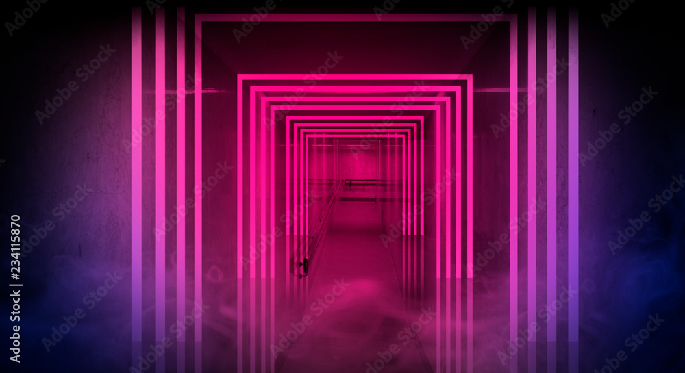 Background of empty dark room, street. Concrete floor, asphalt, neon light, smoke, spotlight Background of empty dark room, street. Concrete floor, asphalt, neon light, smoke, spotlight