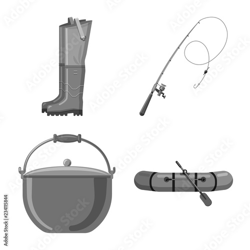 Vector design of fish and fishing sign. Set of fish and equipment stock symbol for web.