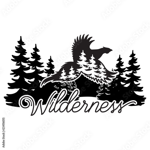 Stylized monochrome vector illustration with pheasant and forest