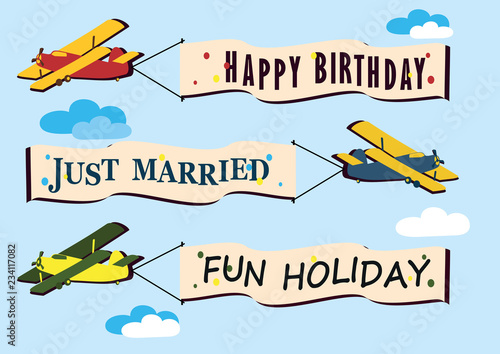 Three color planes on the background of the sky with a banner