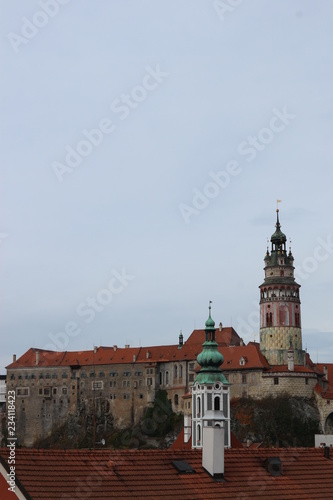 View of red roofs and castle tower in city of Cesky Krumlov, czech republic