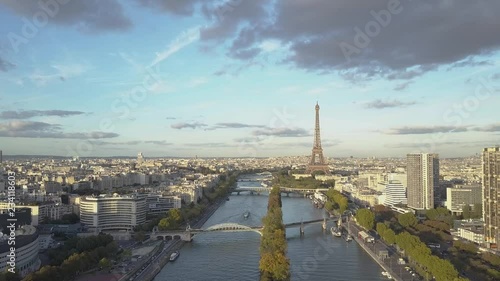 Aerial shot of Paris Eiffel Tower and Seine River