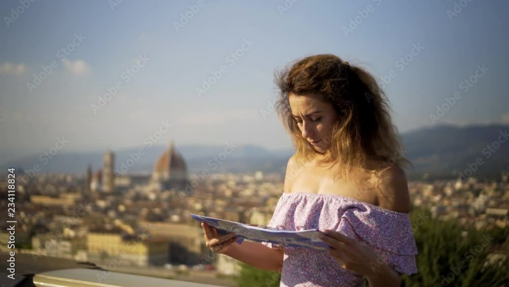 Young Girl Looking in City Map. Attractive Girl in Exploring New Place. 4K. Young Girl Looking in City Map. Attractive Girl in Exploring New Place. 4K.