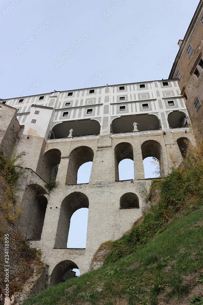 View to cloak bridge in Cesky Krumlov castle, Czech republic