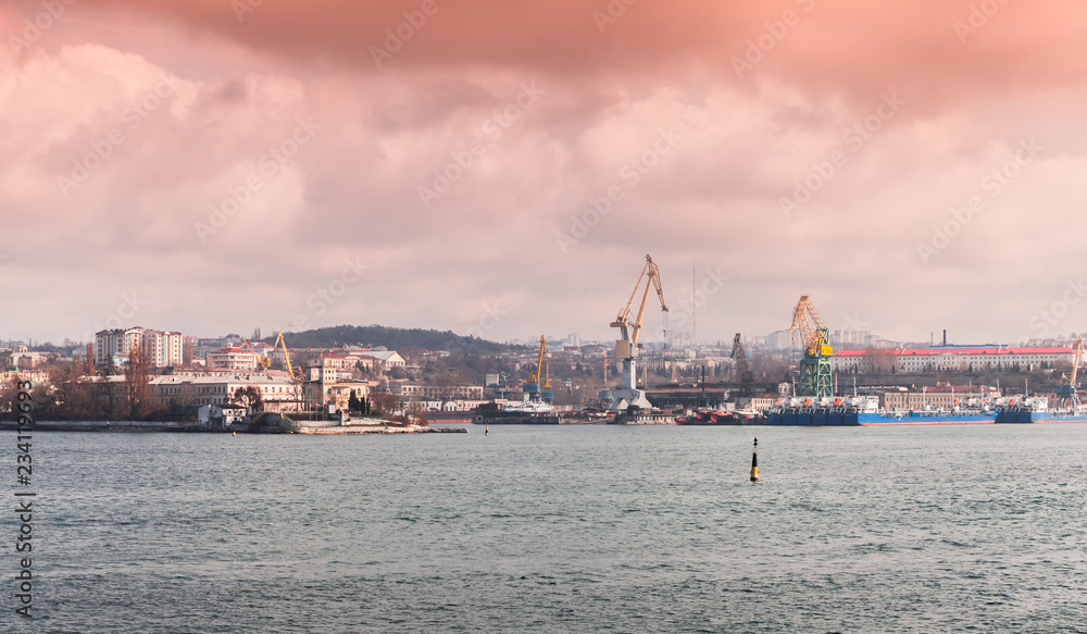 Sevastopol Bay, coastal cityscape with port