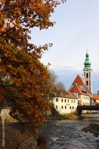 View of the Vltava river and Cesky Krumlov in the autumn, Czech republic