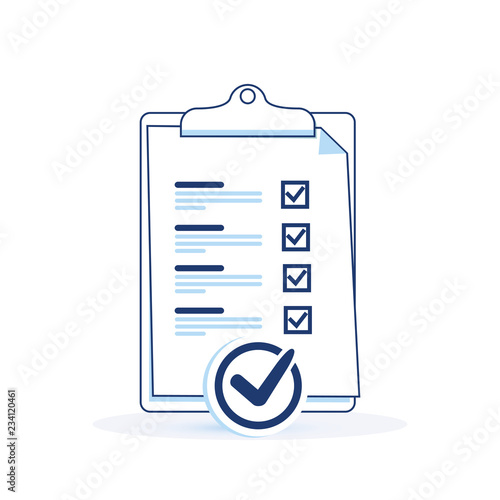 Business marked to do checklist with seal. Successful completion of business tasks, clipboard paper questionnaire