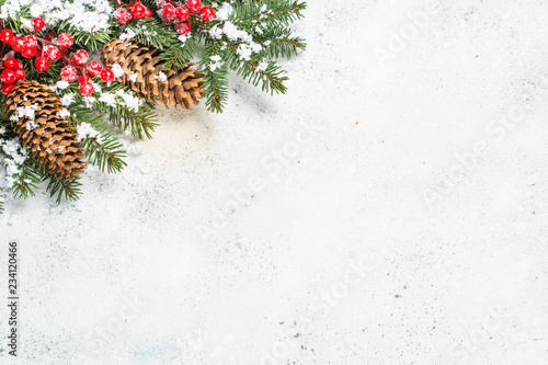 Christmas background with fir tree and decorations on white back