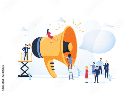 Business Advertising Promotion. Loudspeaker Talking to the Crowd. Big Megaphone and Flat People Characters Advertisement