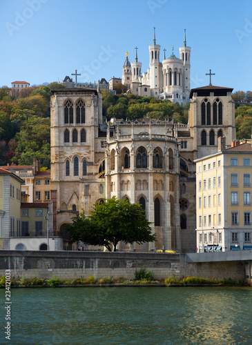 View from Saone river of Fourviere hill, Lyon