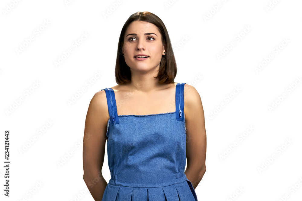 Portrait of pretty girl looking aside. Happy smiling girl looking aside with excitement, isolated on white background. Portrait of pretty girl looking aside. Happy smiling girl looking aside with excitement, isolated on white background.