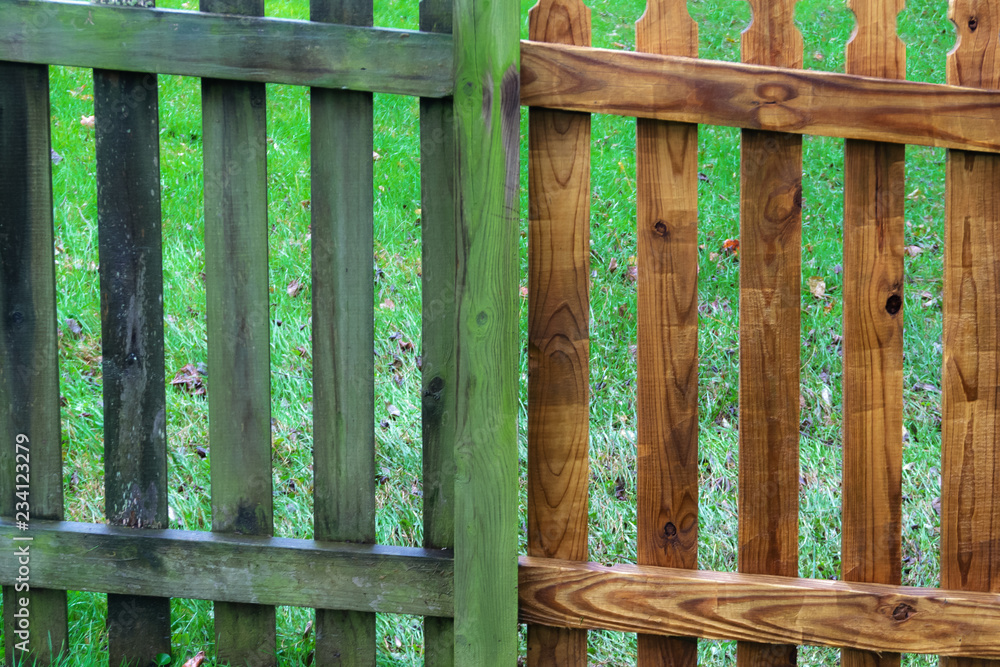 two parts of wooden fence before and after pressure wash two parts of wooden fence before and after pressure wash