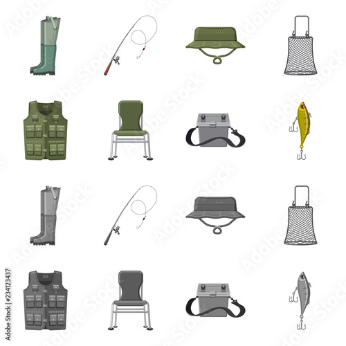 Vector design of fish and fishing symbol. Collection of fish and equipment stock vector illustration.