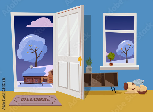 Open white door into winter evening landscape cloudy view with snowy trees and house.Door mat, table with shelves, sleeping cat and dog in blue room with yellow flore. Flat cartoon vector illustration