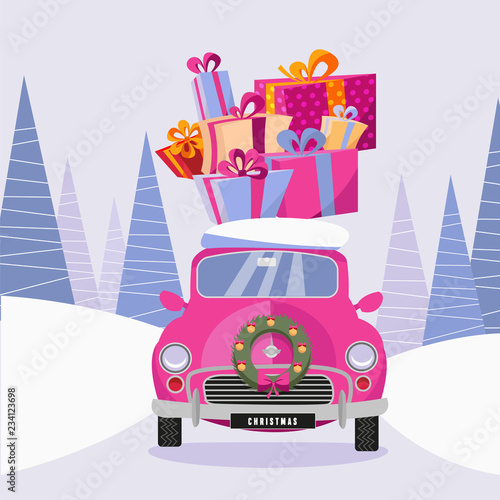 Postcard in a flat cartoon girlish style with a cute pink retro car decorated with a Christmas wreath that carries gift colorful boxes home. The car rides through a frozen forest. Vector illustration