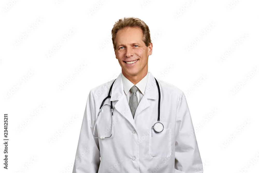Portrait of cheerful doctor with strethoscope. Happy smiling male physician with medical equipment isolated on white background. People, medicine, occupation. Portrait of cheerful doctor with strethoscope. Happy smiling male physician with medical equipment isolated on white background. People, medicine, occupation.