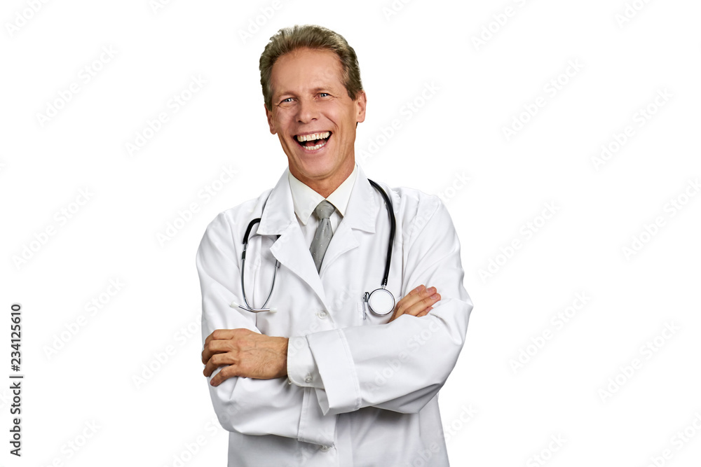 Portrait of laughing doctor on white background. Cheerful male doctor crossed arms isolated on white background, copy space. Positive medical specialist. Portrait of laughing doctor on white background. Cheerful male doctor crossed arms isolated on white background, copy space. Positive medical specialist.