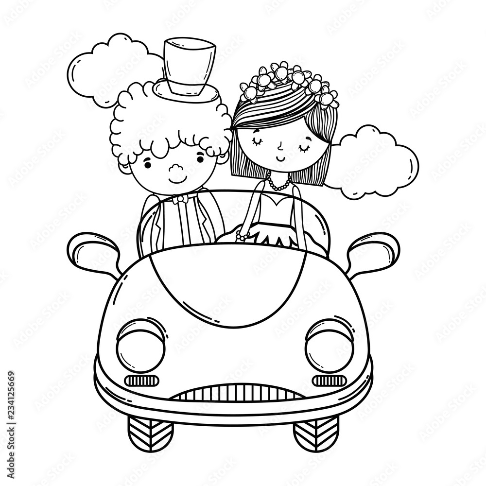 wedding couple and car cute cartoon black and white Stock Vector | Adobe  Stock
