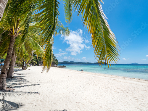 Amazing tropical beach on the island Malcapuya, Palawan, Philippines. Beautiful tropical island with sand beach, palm trees. Tropical landscape: beach with palm trees. Ocean, sky, sea. November, 2018