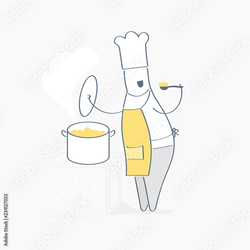 Professional chef man prepares some tasty dish. Male chef in uniform with pan. Concept of chef, cuisine, cook or baker, culinary, cooking food concept