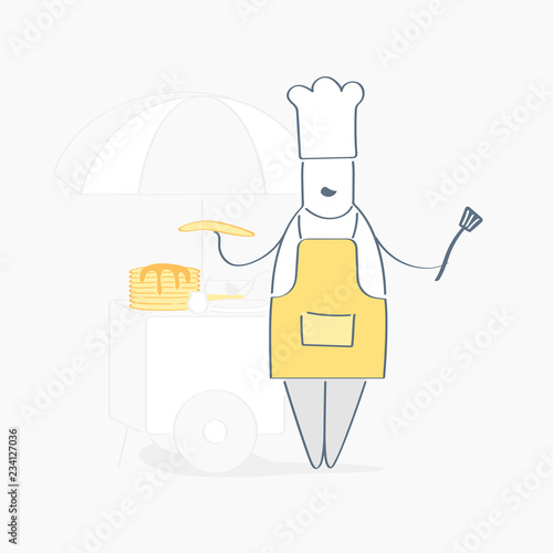 Professional chef man sell delicious pancakes near his food cart. Male chef in uniform with pancake. Concept of chef, cuisine, cook or baker gesturing excellent