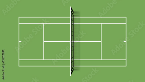 Tennis court. Grass cover field. Top view vector illustration with grid and shadow