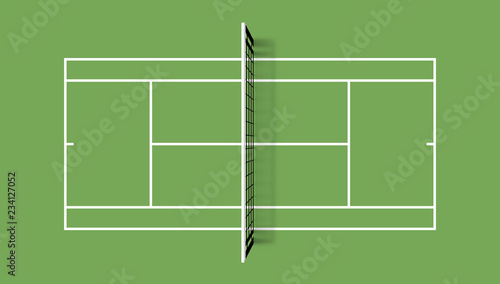 Tennis court. Grass cover field. Top view vector illustration with grid and shadow