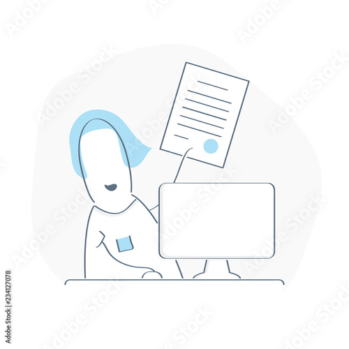 Office concept, business woman or accountant working with laptop and holding document, report, result, notification or contract. Flat hand drawn line doodle design
