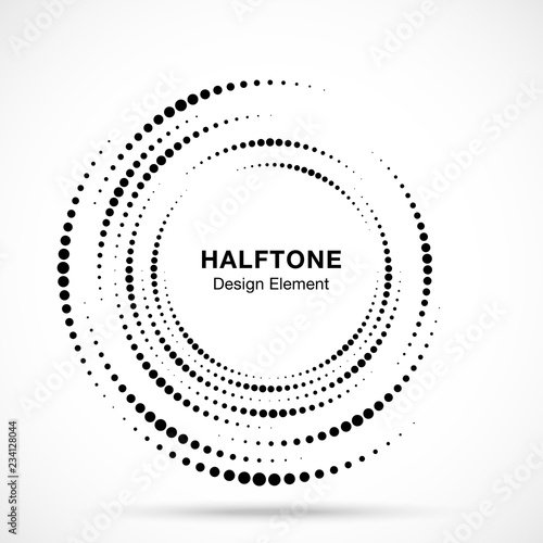 Halftone vortex circle frame dots logo isolated on white background. Circular swirl design element for treatment, technology. Incomplete round border Icon using halftone circle dots texture. Vector