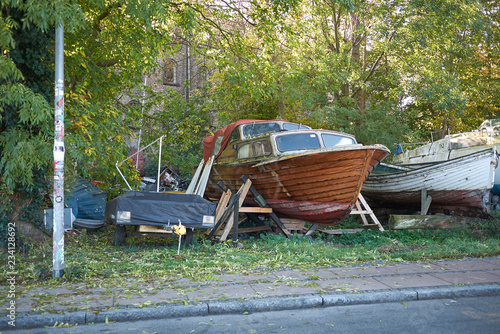Copenhagen, Denmark - October 10, 2018 : View of boats parked in Christiania