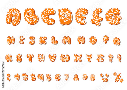 Christmas or New Year alphabet cookies set with glaze vector illustration. Isolated textured letters on white background. Alphabet prjanikis textures