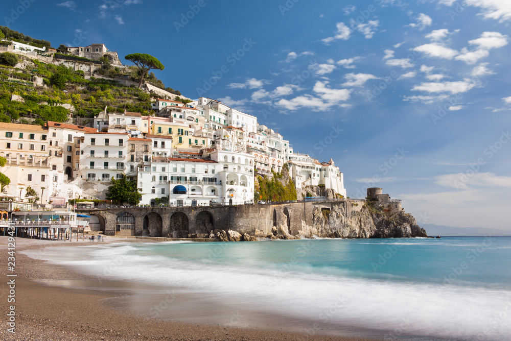 calm with blurred water in day on amalfi coast in Italy