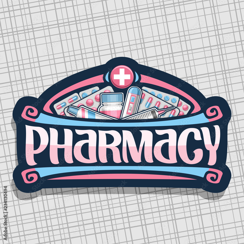 Vector logo for Pharmacy, dark sign with red container, digital  thermometer, medical ointment, blue aspirin tablets, medical supplies,  original typeface for word pharmacy, signboard for drug store. Stock Vector  | Adobe Stock