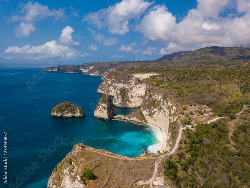 Aerial view to rock in the ocean at Atuh beach on Nusa Penida island, Indonesia