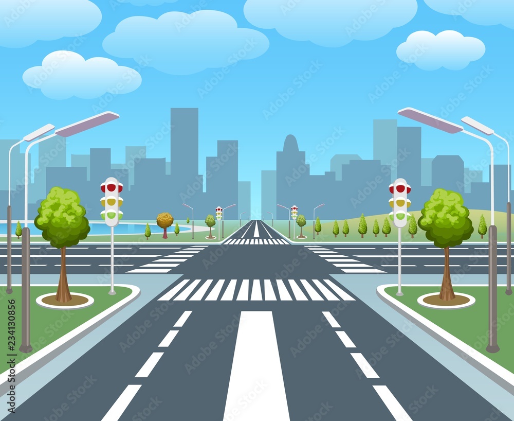 Empty city road. Sidewalk, pedestrian street vector illustration, crossing  roads, city highway and traffic lights Stock Vector | Adobe Stock