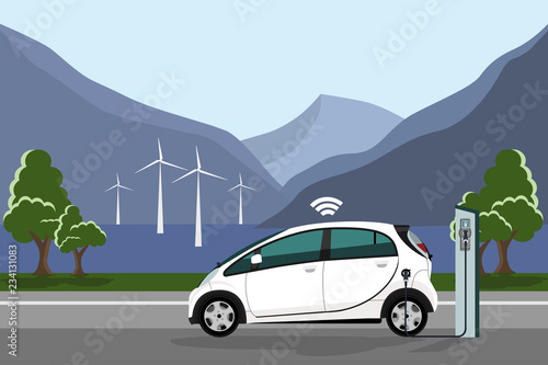 Electric car with charging station.  Vector illustration EPS 10