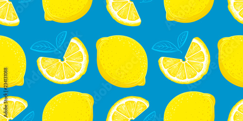 Lemon seamless pattern. Colorful sketch lemons. Citrus fruit background. Elements for menu, greeting cards, wrapping paper, cosmetics packaging, posters etc