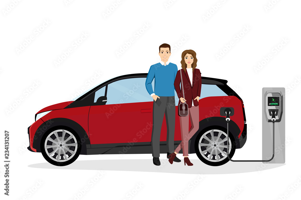 Man and woman charges an electric car at a charging station. Isolated on white background. Vector illustration EPS 10 Man and woman charges an electric car at a charging station. Isolated on white background. Vector illustration EPS 10