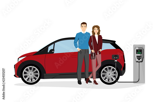 Man and woman charges an electric car at a charging station. Isolated on white background. Vector illustration EPS 10