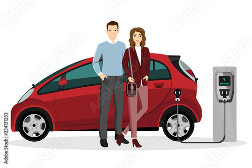 Man and woman charges an electric car at a charging station. Isolated on white background. Vector illustration EPS 10