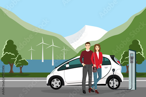Man and woman charges an electric car at a charging station. Vector illustration EPS 10