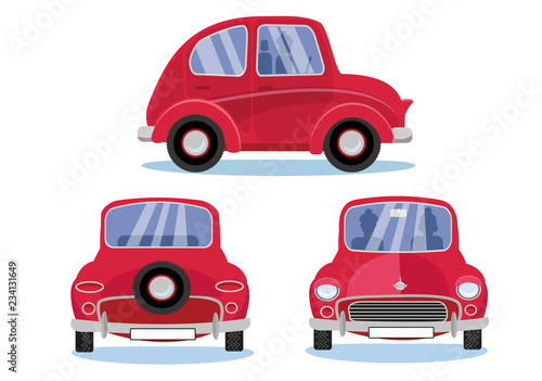 Red retro car. Cartoon automobile set in three different views: Side - Front - Back view. Cute vehicle with round headlights with driver, passenger silhouettes on white background. Flat cartoon vector