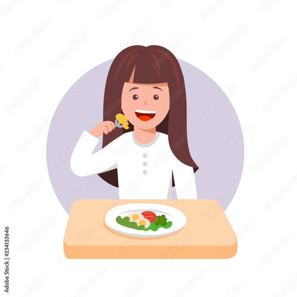 Cute curtoon vector illustration of girl sad with her dinner Cute curtoon vector illustration of girl sad with her dinner