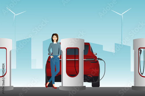 Woman charges an electric car at a charging station. Vector illustration EPS 10