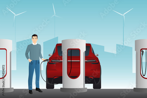 Man charges an electric car at a charging station. Vector illustration EPS 10