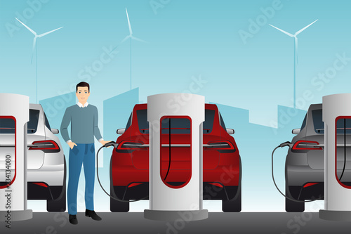 Man charges an electric car at a charging station. Vector illustration EPS 10